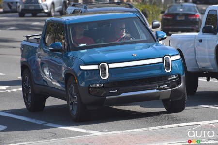 A Rivian R1T on the road, in California